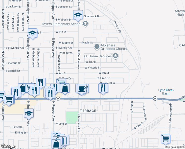 map of restaurants, bars, coffee shops, grocery stores, and more near 2579 West 6th Street in San Bernardino