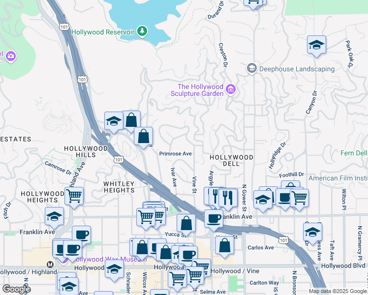 map of restaurants, bars, coffee shops, grocery stores, and more near 6325 Primrose Avenue in Los Angeles
