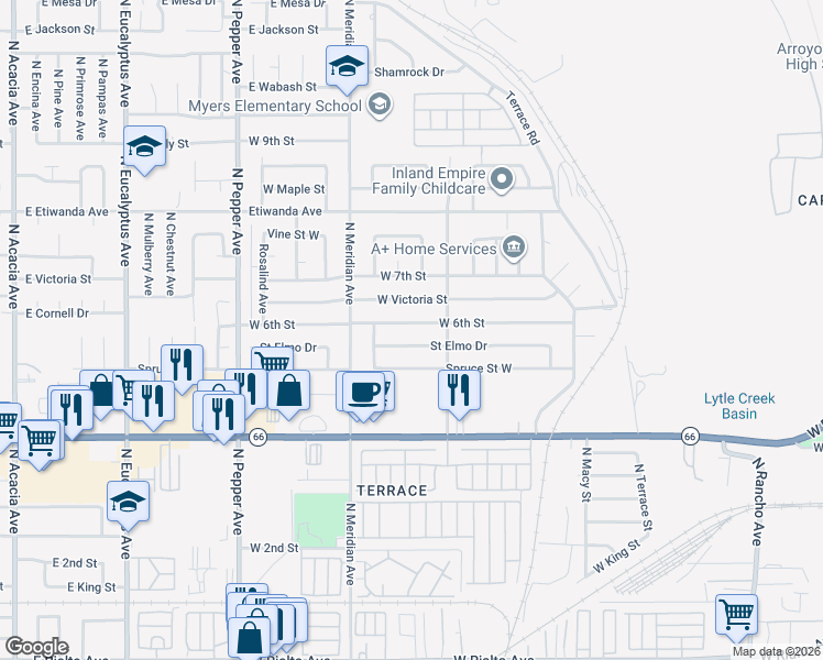 map of restaurants, bars, coffee shops, grocery stores, and more near 2579 West 6th Street in San Bernardino