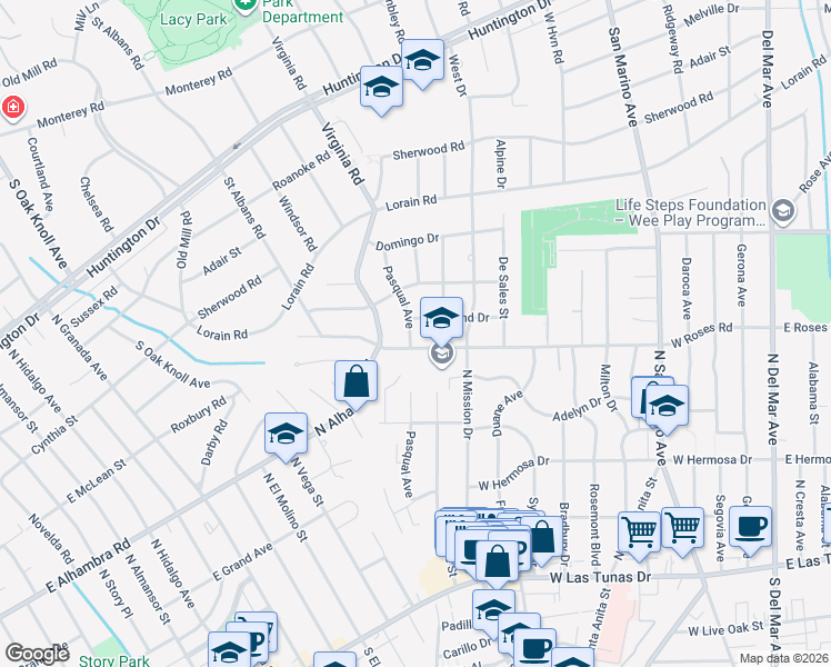 map of restaurants, bars, coffee shops, grocery stores, and more near 512 Pasqual Avenue in San Gabriel