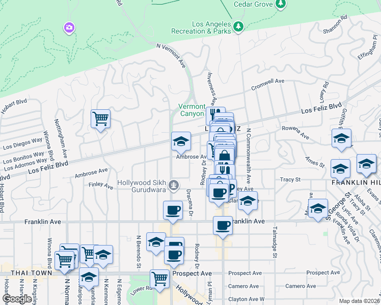 map of restaurants, bars, coffee shops, grocery stores, and more near 4579 Ambrose Avenue in Los Angeles