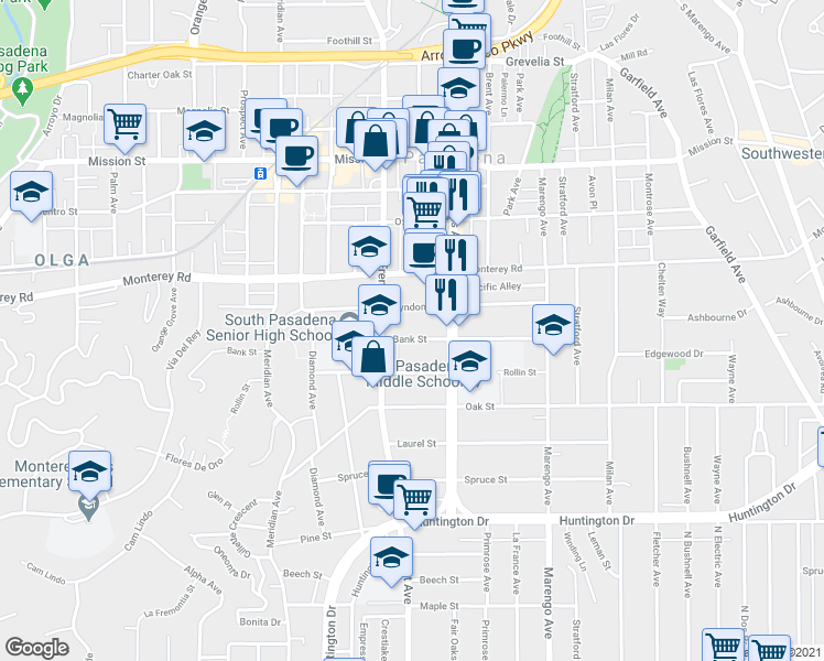 map of restaurants, bars, coffee shops, grocery stores, and more near 1426 Bank Street in South Pasadena
