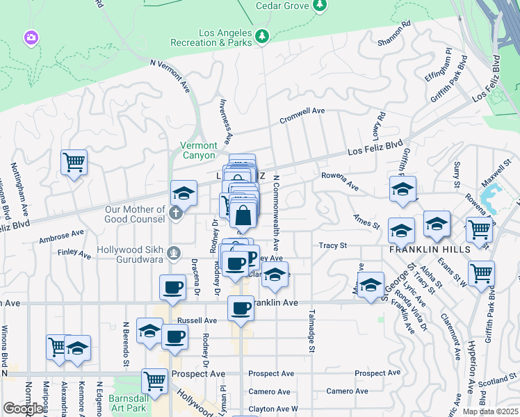 map of restaurants, bars, coffee shops, grocery stores, and more near 2100 Hillhurst Avenue in Los Angeles