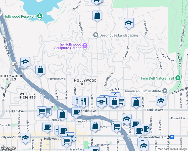 map of restaurants, bars, coffee shops, grocery stores, and more near 6065 Scenic Avenue in Los Angeles
