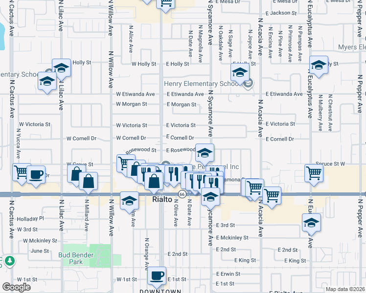 map of restaurants, bars, coffee shops, grocery stores, and more near 152 East Rosewood Street in Rialto