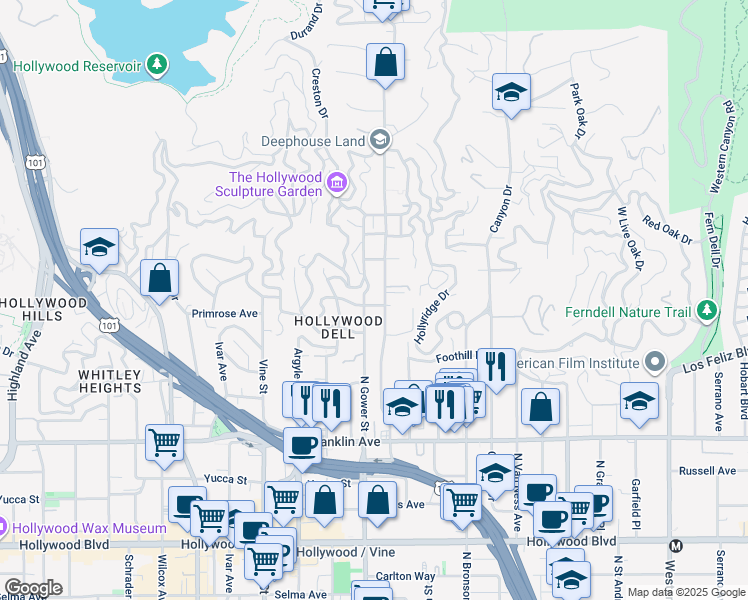 map of restaurants, bars, coffee shops, grocery stores, and more near 6065 Scenic Avenue in Los Angeles