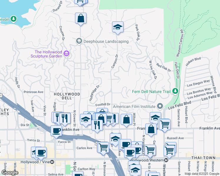 map of restaurants, bars, coffee shops, grocery stores, and more near 2201 North Bronson Avenue in Los Angeles