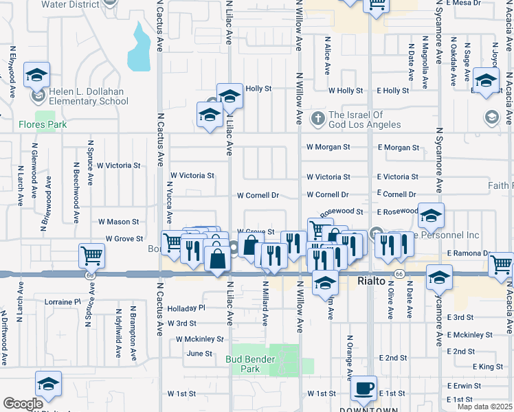 map of restaurants, bars, coffee shops, grocery stores, and more near 571 North Verde Avenue in Rialto