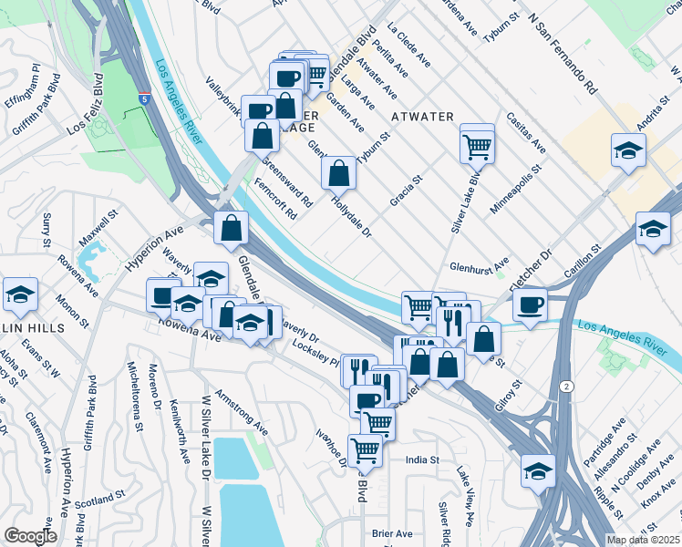 map of restaurants, bars, coffee shops, grocery stores, and more near 2901 Acresite Street in Los Angeles