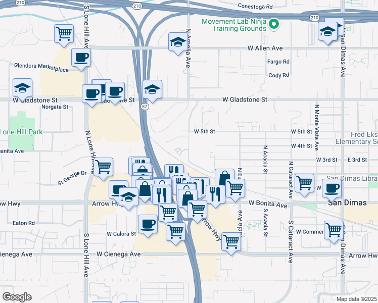 map of restaurants, bars, coffee shops, grocery stores, and more near 445 North Amelia Avenue in San Dimas