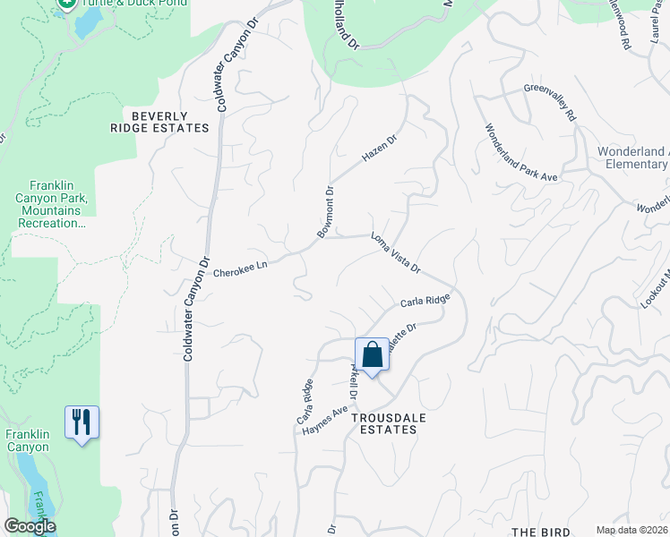 map of restaurants, bars, coffee shops, grocery stores, and more near 565 Evelyn Place in Beverly Hills