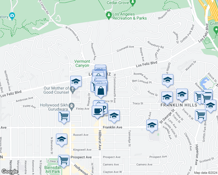 map of restaurants, bars, coffee shops, grocery stores, and more near 4423 Ambrose Avenue in Los Angeles