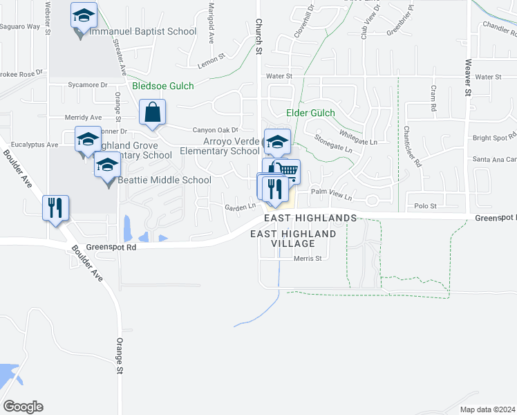 map of restaurants, bars, coffee shops, grocery stores, and more near 7879 Wisteria Court in Highland