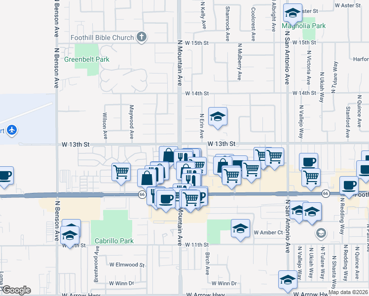 map of restaurants, bars, coffee shops, grocery stores, and more near 1187 Mountain Gate Road in Upland