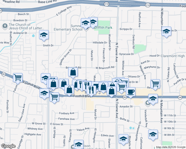map of restaurants, bars, coffee shops, grocery stores, and more near 1481 Mural Drive in Claremont