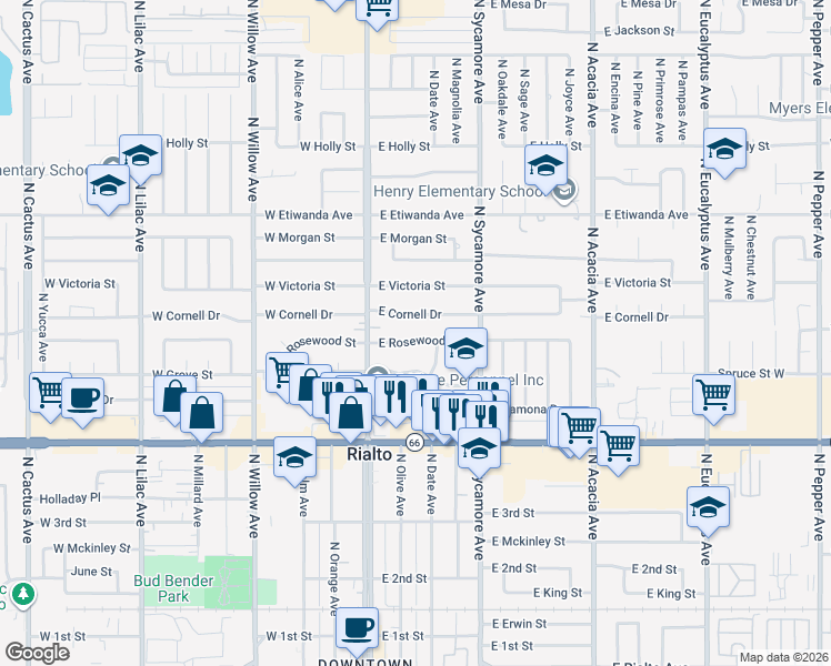 map of restaurants, bars, coffee shops, grocery stores, and more near 152 East Rosewood Street in Rialto