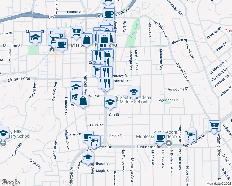 map of restaurants, bars, coffee shops, grocery stores, and more near 1628 Bank Street in South Pasadena