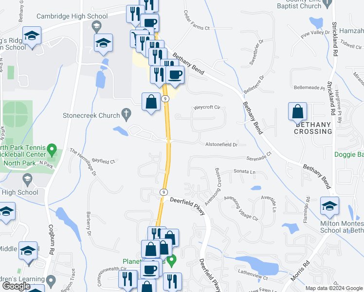 map of restaurants, bars, coffee shops, grocery stores, and more near 3105 Keyingham Way in Alpharetta