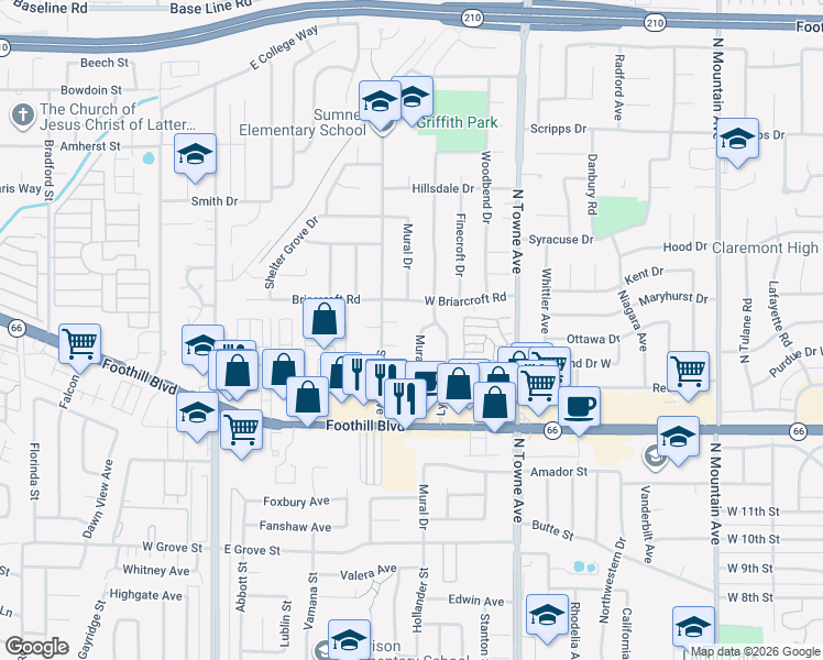 map of restaurants, bars, coffee shops, grocery stores, and more near 1481 Mural Drive in Claremont