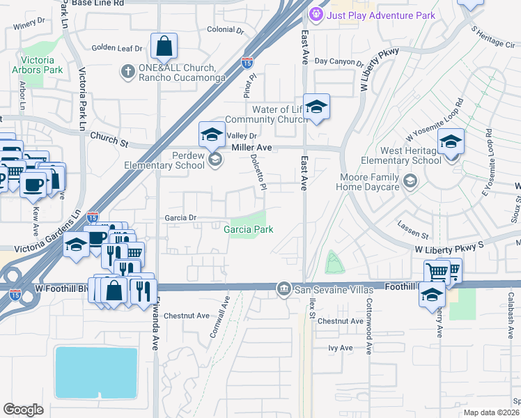 map of restaurants, bars, coffee shops, grocery stores, and more near 7865 Fillipi Court in Rancho Cucamonga