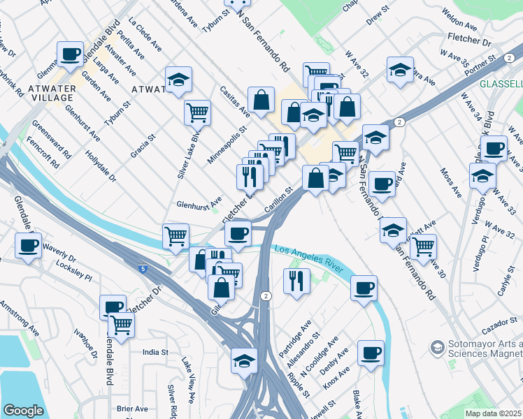 map of restaurants, bars, coffee shops, grocery stores, and more near 3036 Atwater Avenue in Los Angeles