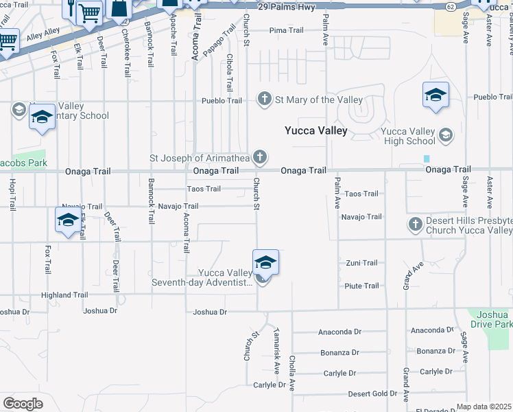map of restaurants, bars, coffee shops, grocery stores, and more near Navajo Trail in Yucca Valley