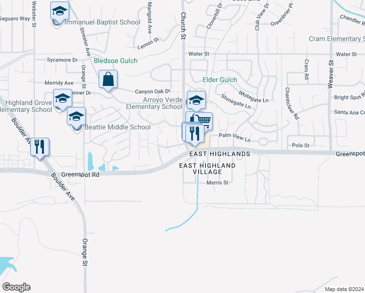 map of restaurants, bars, coffee shops, grocery stores, and more near 7879 Wisteria Court in Highland