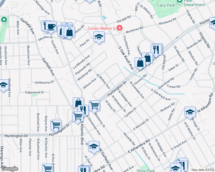map of restaurants, bars, coffee shops, grocery stores, and more near 2225 El Molino Avenue in San Marino