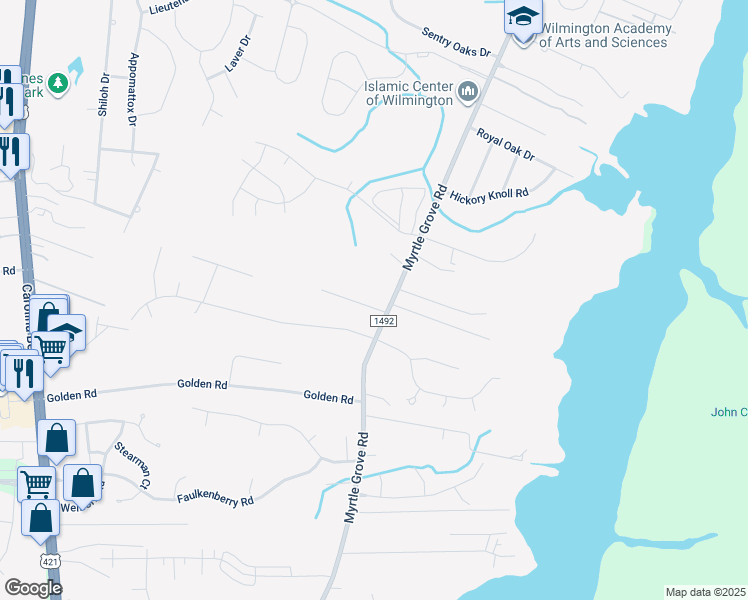 map of restaurants, bars, coffee shops, grocery stores, and more near 6708 Myrtle Grove Road in Wilmington