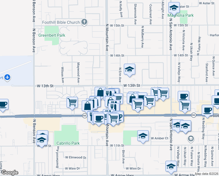 map of restaurants, bars, coffee shops, grocery stores, and more near 1187 Mountain Gate Road in Upland