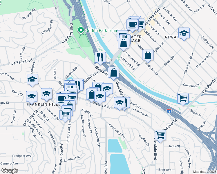map of restaurants, bars, coffee shops, grocery stores, and more near 2929 Waverly Drive in Los Angeles