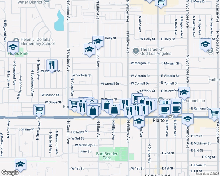 map of restaurants, bars, coffee shops, grocery stores, and more near 571 North Verde Avenue in Rialto