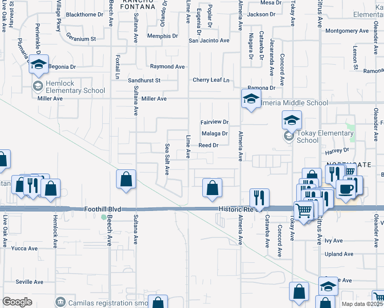 map of restaurants, bars, coffee shops, grocery stores, and more near 15638 Basil Leaf Lane in Fontana