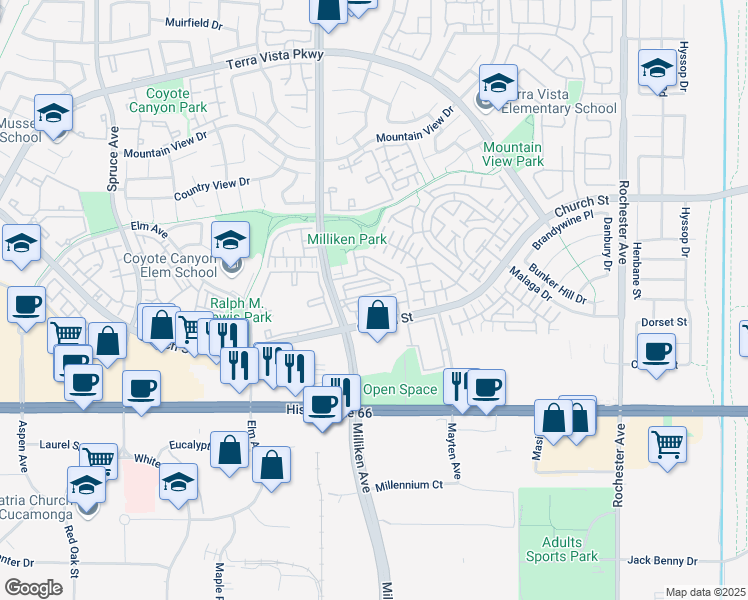 map of restaurants, bars, coffee shops, grocery stores, and more near 144 Church Street in Rancho Cucamonga