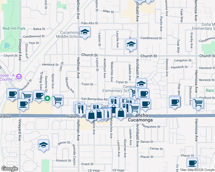 map of restaurants, bars, coffee shops, grocery stores, and more near 7920 Amethyst Avenue in Rancho Cucamonga