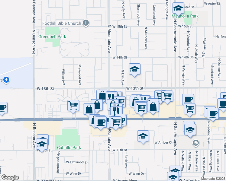 map of restaurants, bars, coffee shops, grocery stores, and more near 1146 Mountain Gate Road in Upland