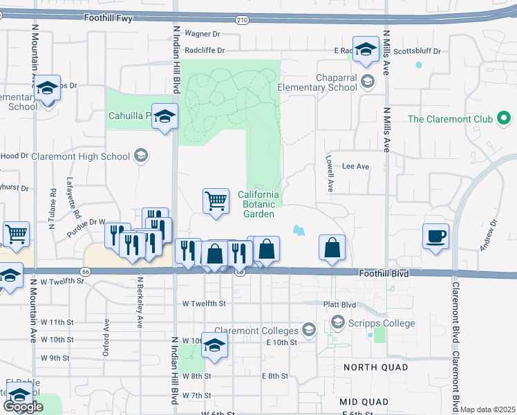 map of restaurants, bars, coffee shops, grocery stores, and more near 1487 North College Avenue in Claremont