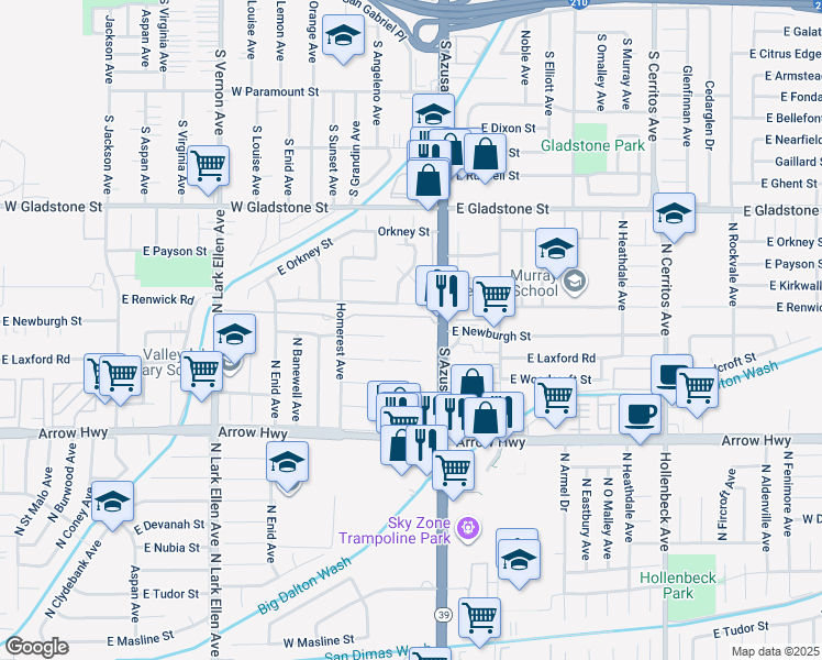 map of restaurants, bars, coffee shops, grocery stores, and more near 713 South Azusa Avenue in Azusa