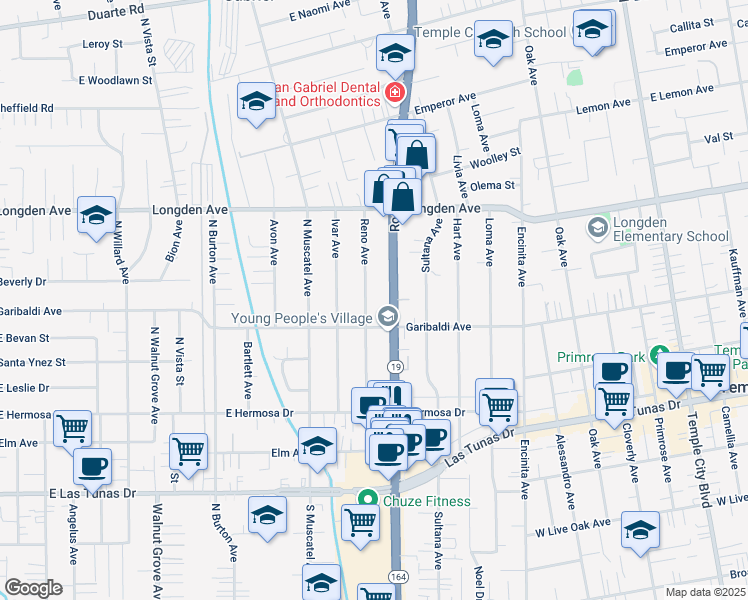 map of restaurants, bars, coffee shops, grocery stores, and more near 6121 Rosemead Boulevard in Temple City