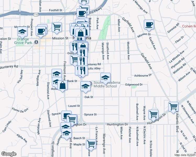 map of restaurants, bars, coffee shops, grocery stores, and more near 1727 Bank Street in South Pasadena