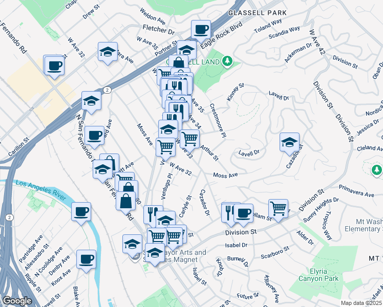 map of restaurants, bars, coffee shops, grocery stores, and more near 2430 West Avenue 33 in Los Angeles