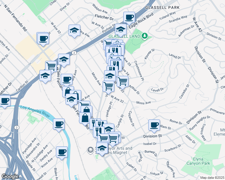 map of restaurants, bars, coffee shops, grocery stores, and more near 3214 Verdugo Road in Los Angeles