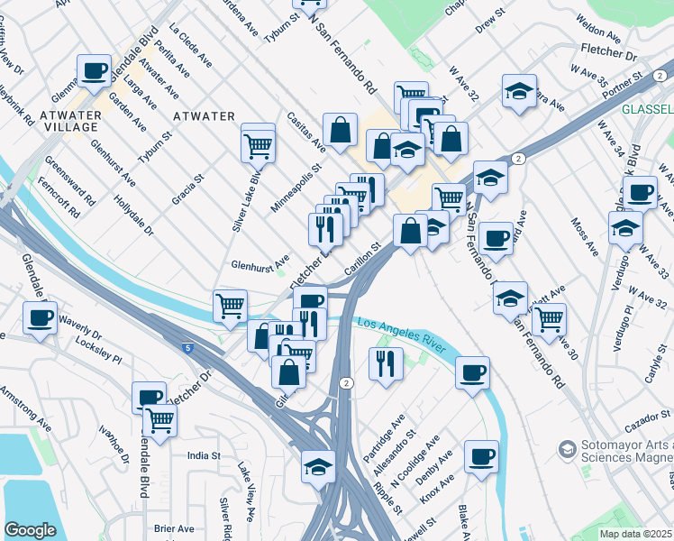 map of restaurants, bars, coffee shops, grocery stores, and more near 2729 Carillon Street in Los Angeles
