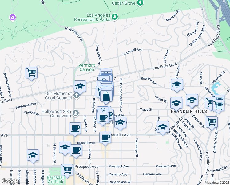 map of restaurants, bars, coffee shops, grocery stores, and more near 2105 North Commonwealth Avenue in Los Angeles