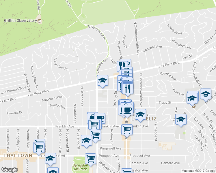 map of restaurants, bars, coffee shops, grocery stores, and more near 4573 Ambrose Avenue in Los Angeles