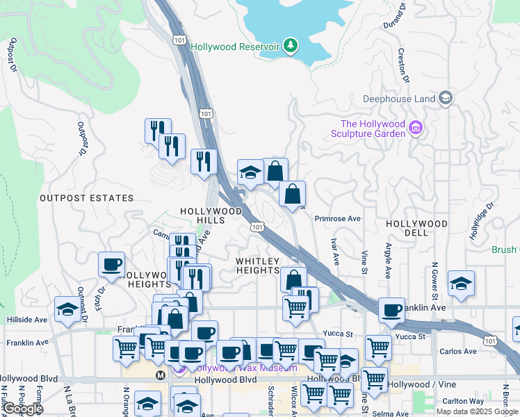 map of restaurants, bars, coffee shops, grocery stores, and more near 6820 Whitley Terrace in Los Angeles