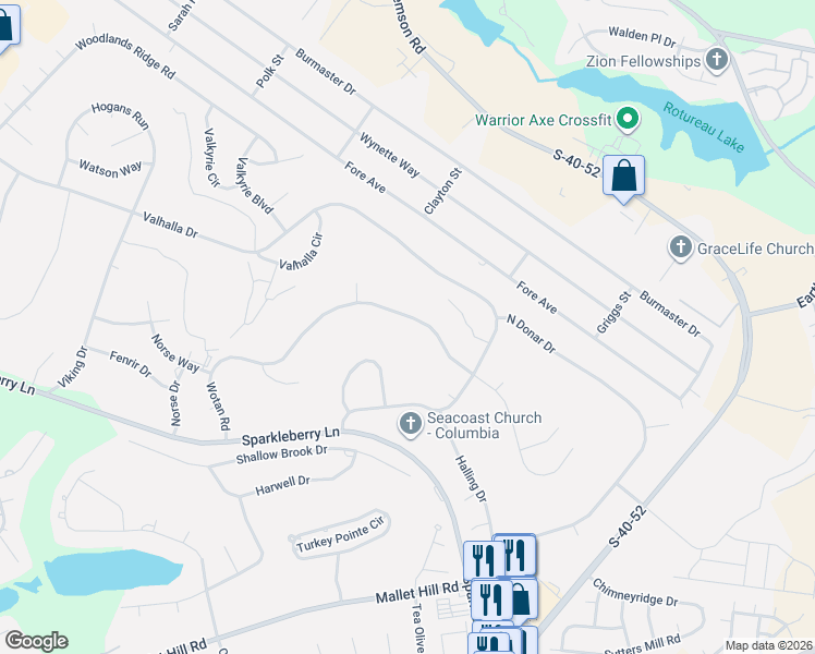 map of restaurants, bars, coffee shops, grocery stores, and more near 600 Wotan Road in Columbia