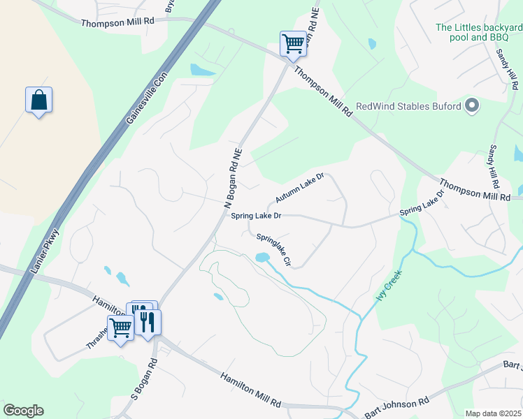 map of restaurants, bars, coffee shops, grocery stores, and more near 2846 Spring Lake Drive in Buford