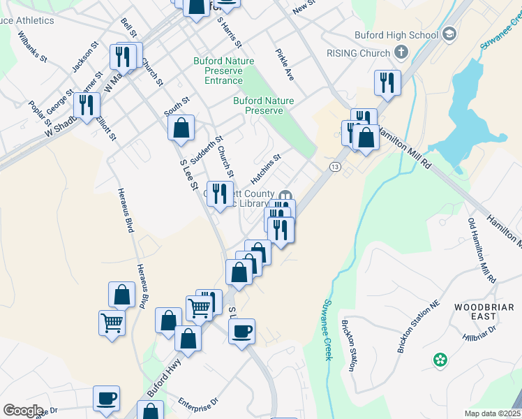 map of restaurants, bars, coffee shops, grocery stores, and more near 1867 Sterling Chase in Buford