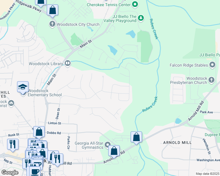 map of restaurants, bars, coffee shops, grocery stores, and more near 320 Harvest View Terrace in Woodstock